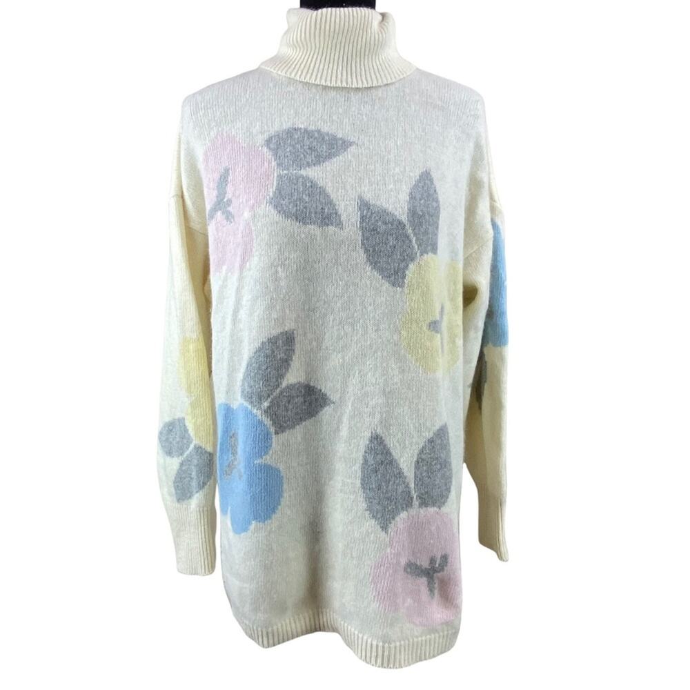 Vintage Liz Claiborne Lambswool Angora Floral Sweater Tunic Turtleneck Size L
